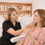 Client reviewing facial treatment results in mirror during med spa skincare appointment.