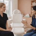 Client discussing skincare concerns with aesthetic practitioner in medical spa clinic.