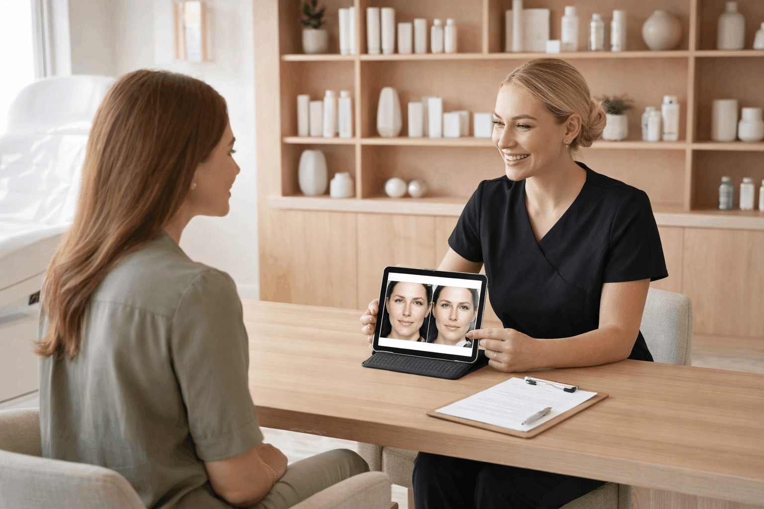 aesthetic practitioner showing before and after skin treatment results on a tablet during consultation.
