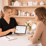 Aesthetic specialist presenting a personalized skincare treatment plan on a tablet.