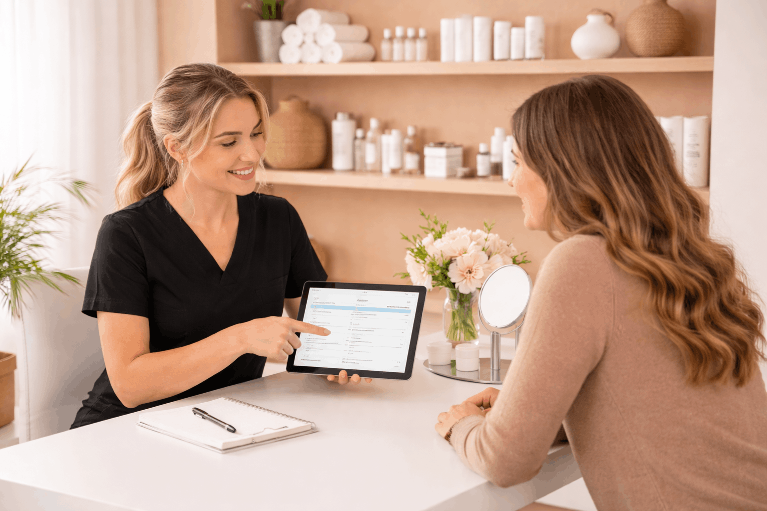 aesthetic specialist presenting a personalized skincare treatment plan on a tablet.