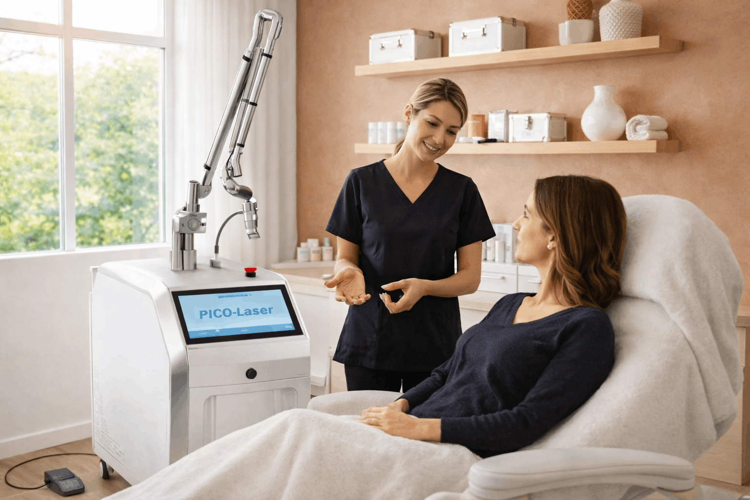 med spa specialist explaining pico laser skin treatment to a client in a clinical treatment room.