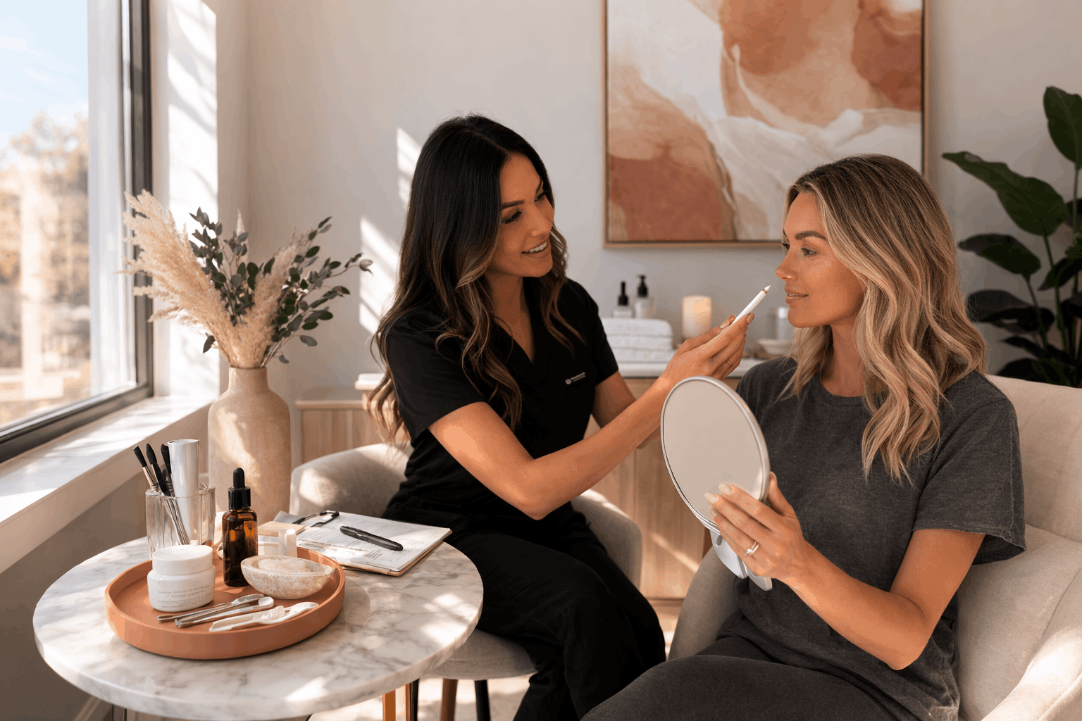 aesthetician applying facial skincare treatment while client looks into mirror during consultation.