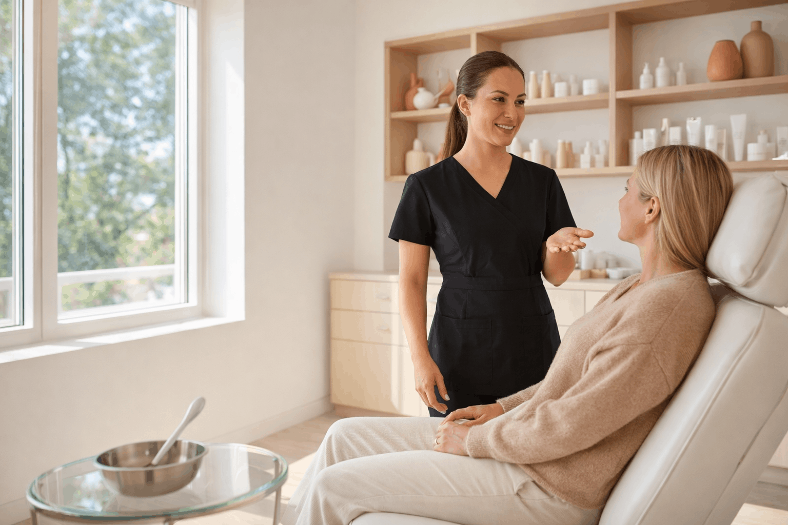 medical spa aesthetician consulting with female client in a modern skincare treatment room.