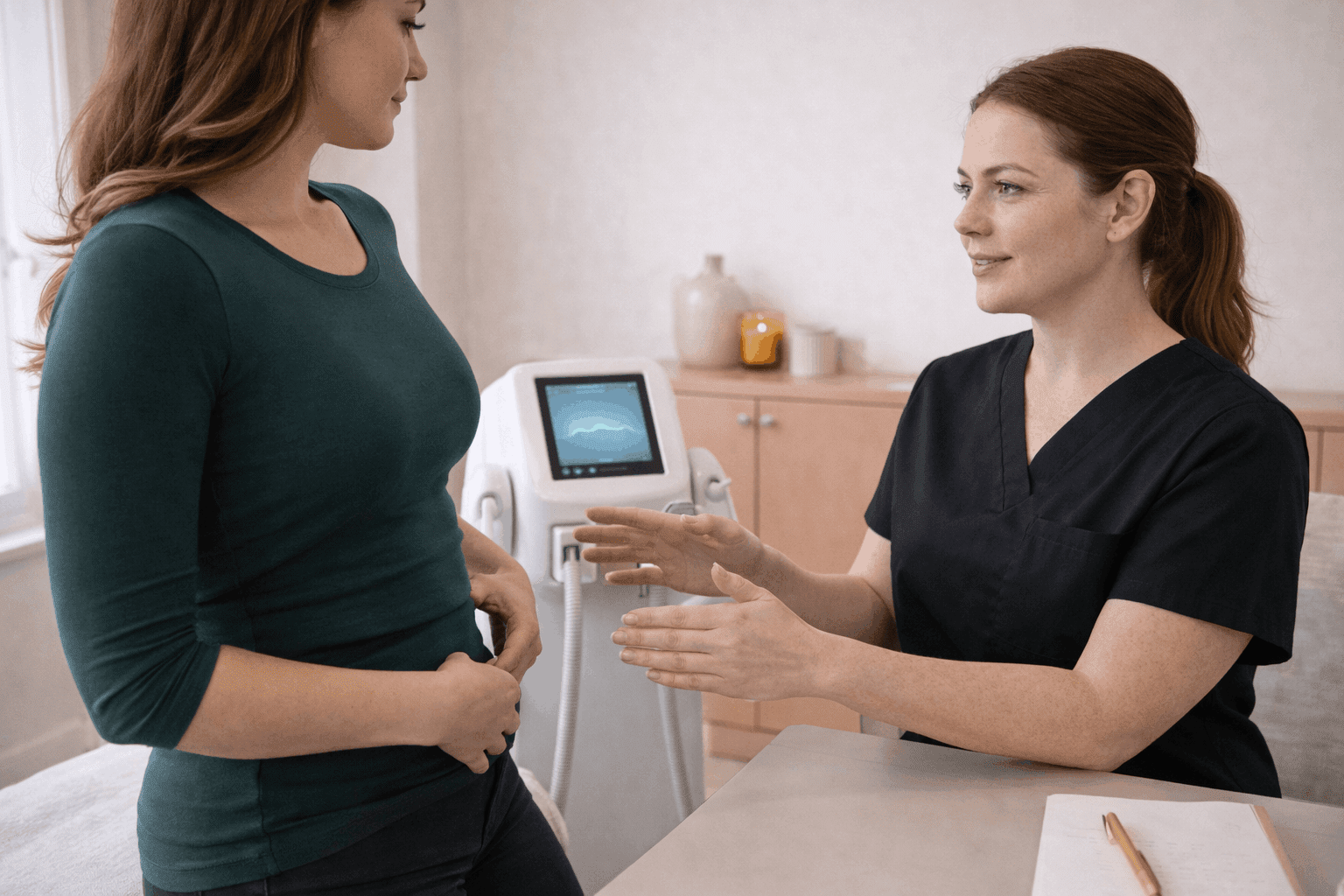 provider discussing abdominal treatment options with patient during consultation