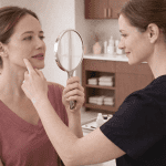 Patient pointing to cheek while discussing skin concerns with provider