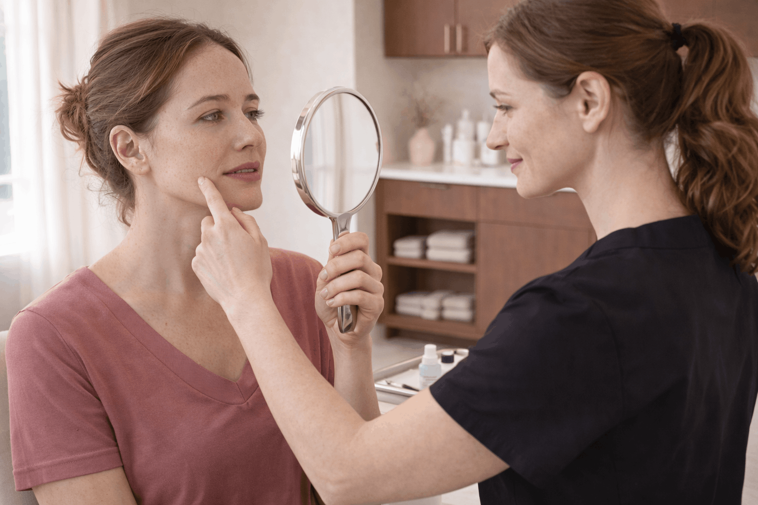 patient pointing to cheek while discussing skin concerns with provider