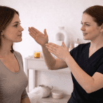 Provider assessing patient facial symmetry with hands during consultation