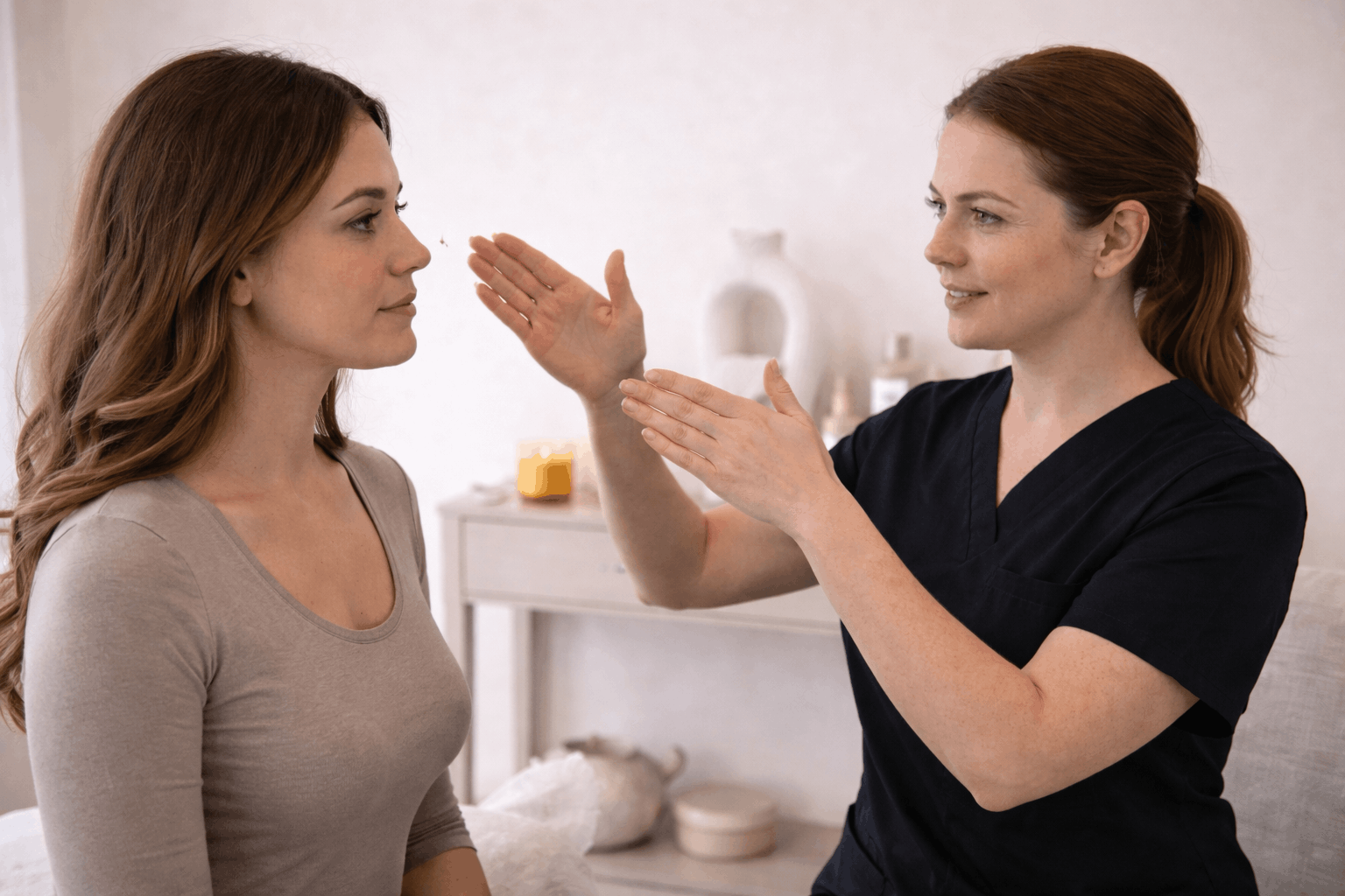 provider assessing patient facial symmetry with hands during consultation