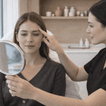 Provider marking forehead injection areas while patient looks in mirror