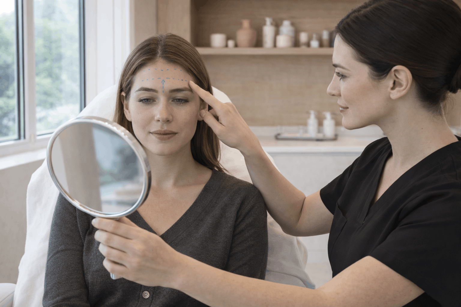 provider marking forehead injection areas while patient looks in mirror