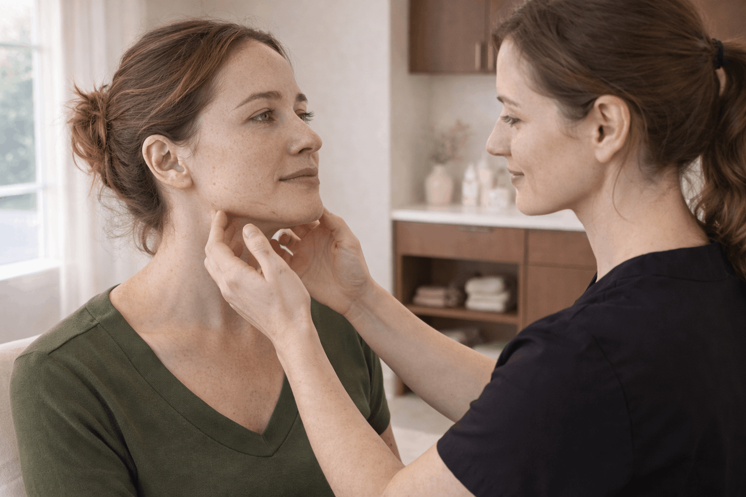 provider assessing patient's jawline and chin during facial evaluation
