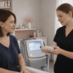 Provider holding laser treatment device while explaining procedure to patient