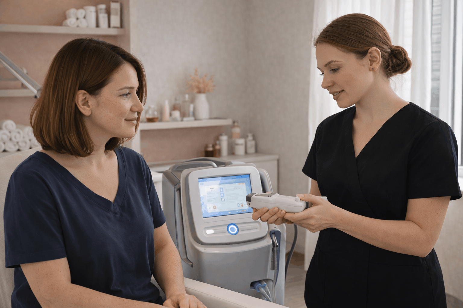 provider holding laser treatment device while explaining procedure to patient