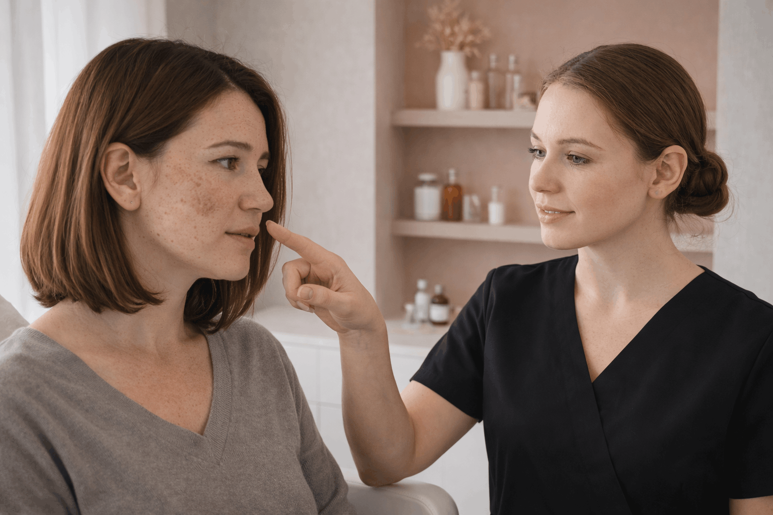provider pointing at patient's nose while discussing facial treatment
