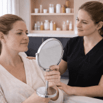 Patient checking facial results in mirror after treatment with provider nearby