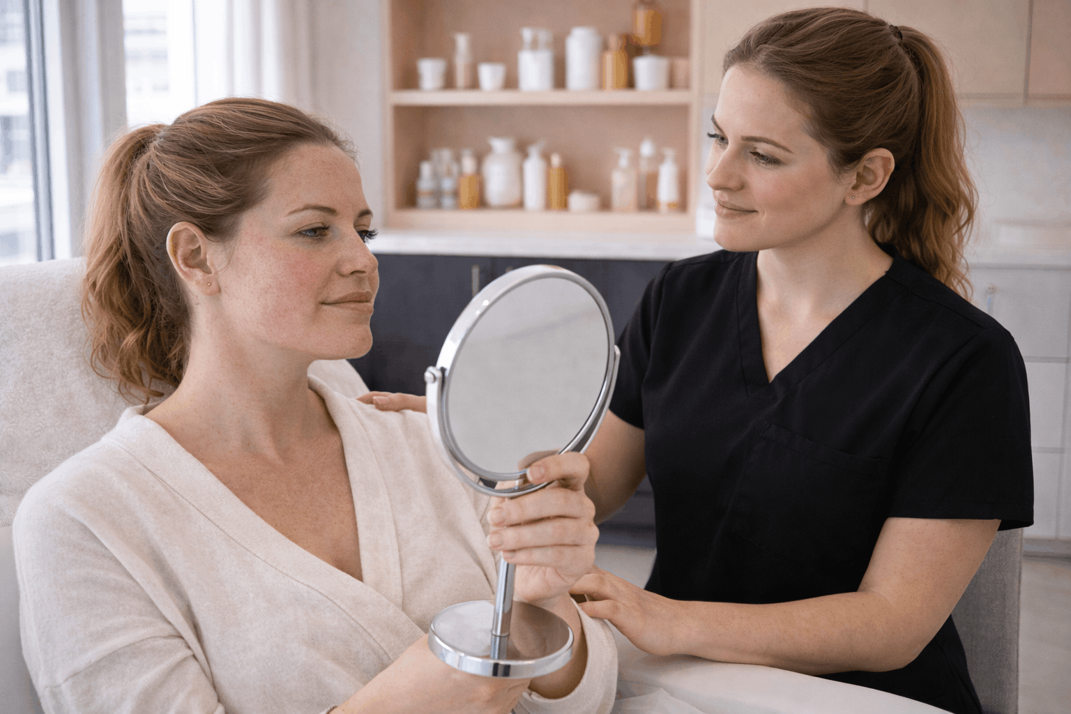 patient checking facial results in mirror after treatment with provider nearby