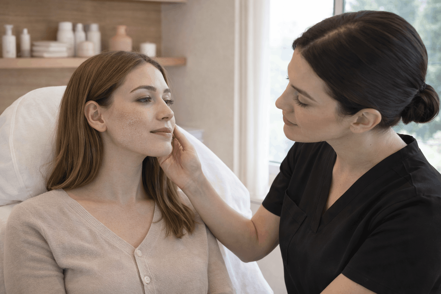 provider examining patient's cheek skin texture during consultation
