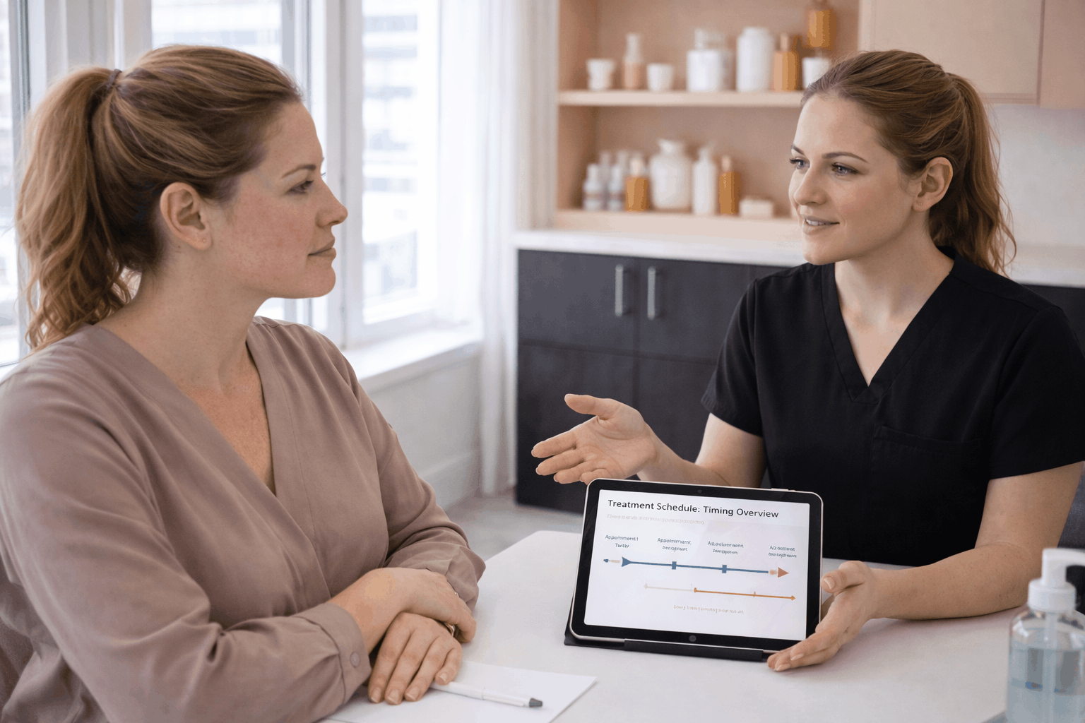 provider showing treatment schedule timeline on tablet to patient