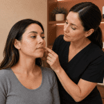 Skincare specialist evaluating acne scarring and facial texture during a med spa appointment.