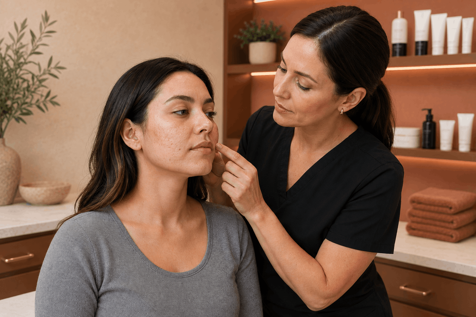 skincare specialist evaluating acne scarring and facial texture during a med spa appointment.