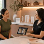 Med spa consultant showing before-and-after facial treatment results on a tablet to a client.