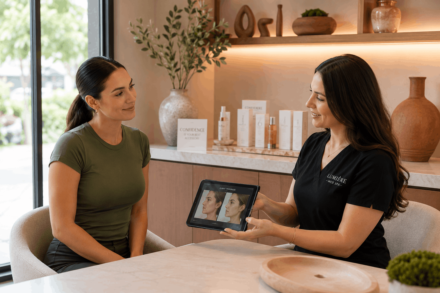 med spa consultant showing before-and-after facial treatment results on a tablet to a client.