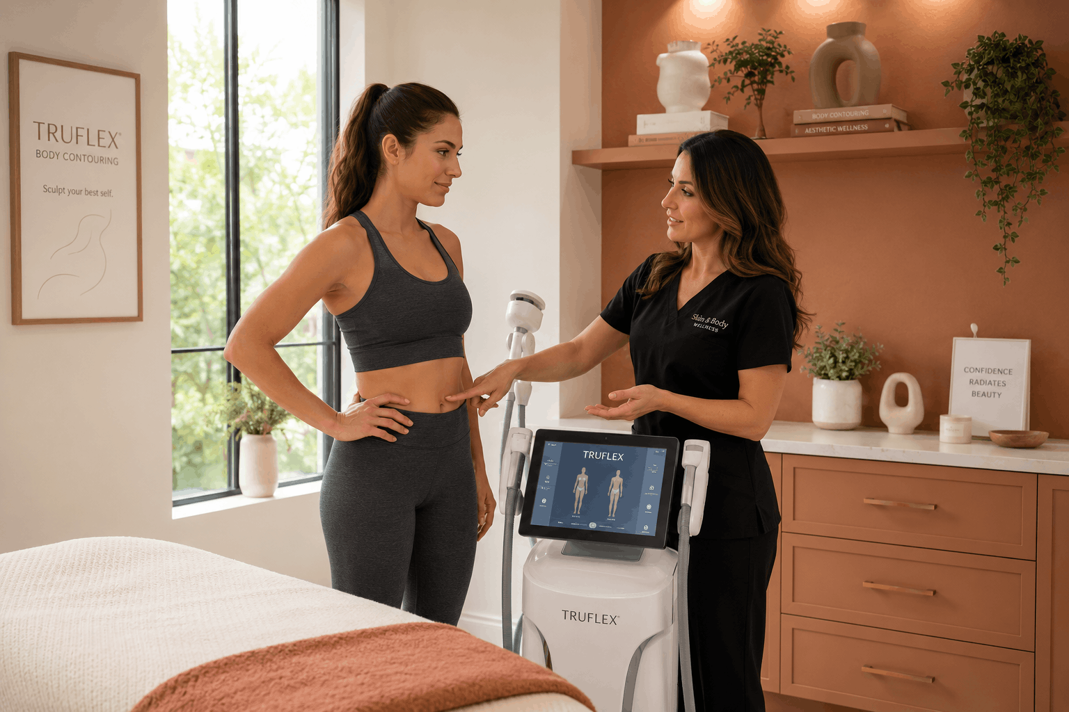 body contouring specialist demonstrating treatment areas beside a truflex body sculpting machine.