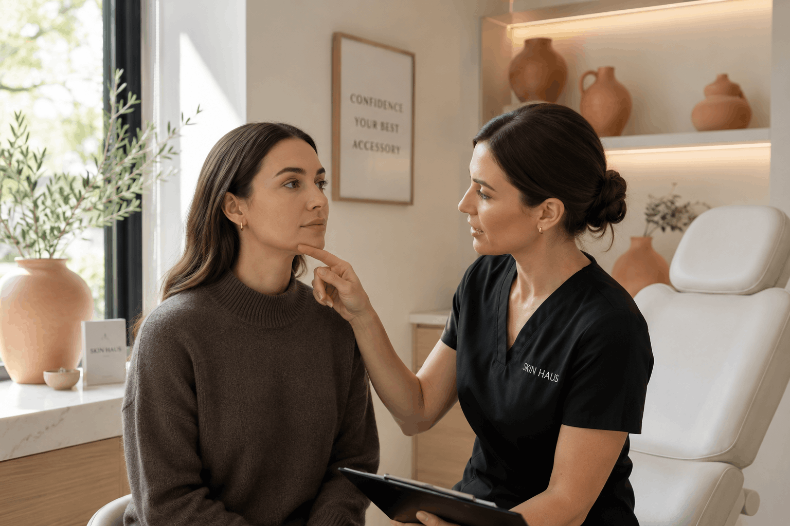 2026 06 genesis medspacom img facial consultation profile assessment v1 genesis medspa - med spa provider performing a facial profile assessment during a skincare consultation with a female client.