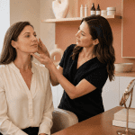 Aesthetic provider assessing jawline and facial contours during a cosmetic consultation.
