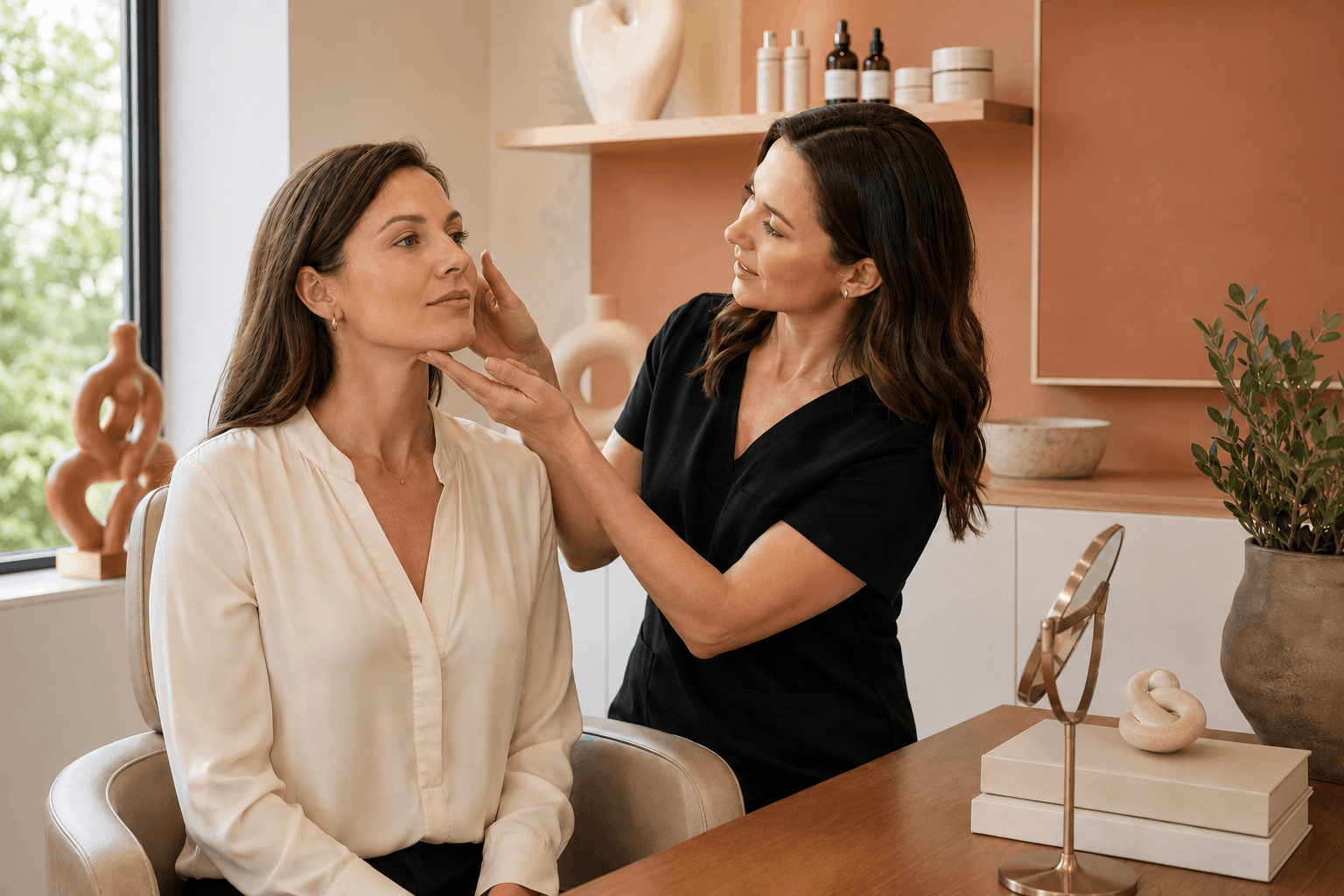 2026 06 genesis medspacom img facial lift assessment consultation v1 genesis medspa - aesthetic provider assessing jawline and facial contours during a cosmetic consultation.