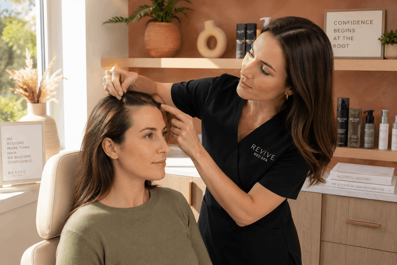 2026 06 genesis medspacom img hair restoration scalp evaluation v1 genesis medspa - hair restoration specialist examining a client’s scalp and hairline during a consultation.