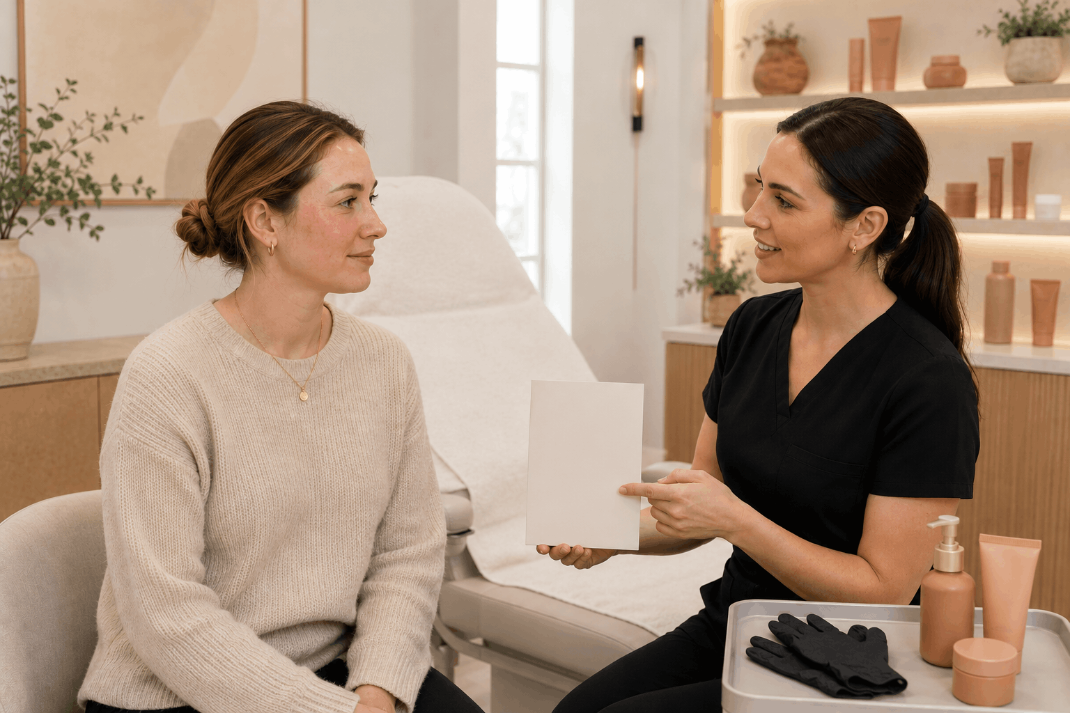 med spa provider presenting treatment information brochure during a client consultation.