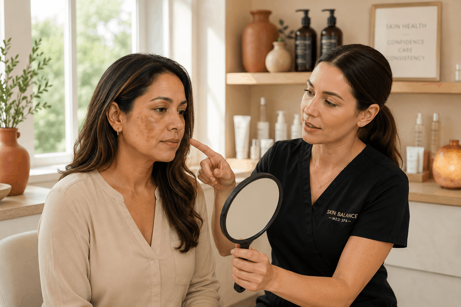 spa practitioner discussing facial pigmentation concerns with a client using a handheld mirror.