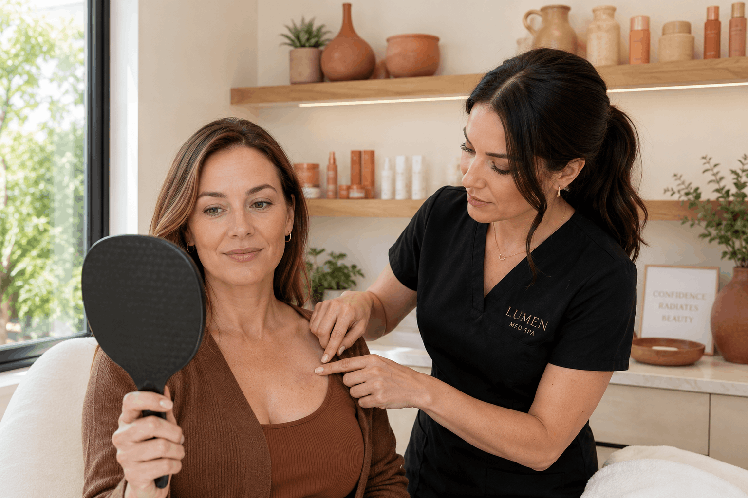 client reviewing skin rejuvenation results in a mirror while consulting with a med spa provider.