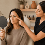 Med spa professional examining under-eye skin concerns while client holds a mirror.