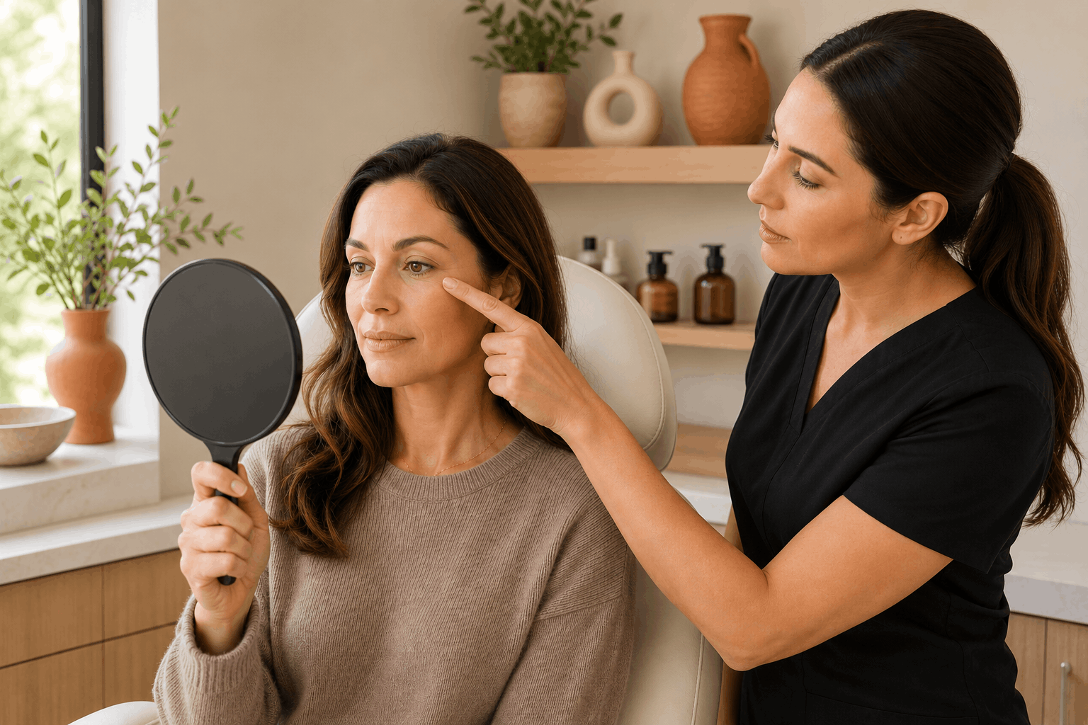 med spa professional examining under-eye skin concerns while client holds a mirror.