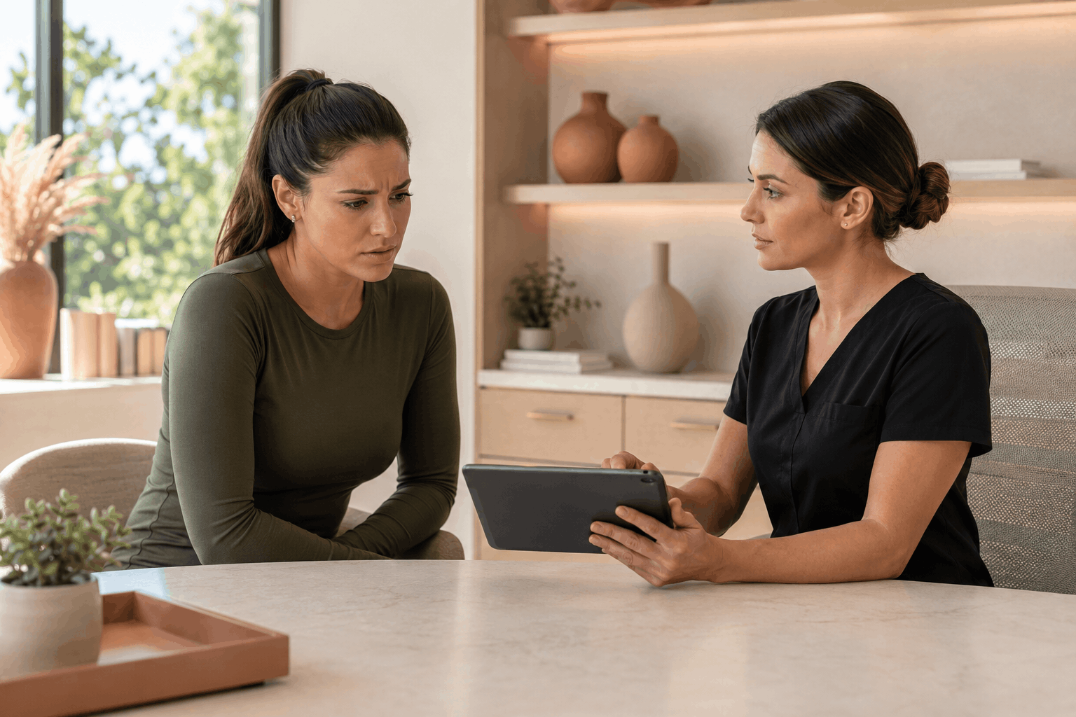medical provider discussing weight loss treatment progress with a patient using a tablet during a consultation.