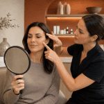Provider assessing facial volume and skin laxity while a patient looks into a mirror.