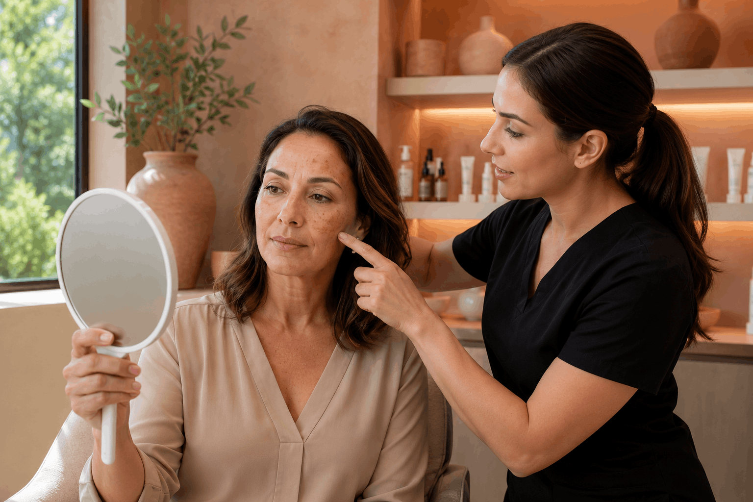 provider examining facial pigmentation and melasma concerns while a patient looks into a mirror.