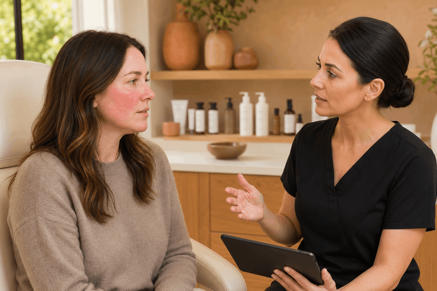 patient with visible facial redness discussing rosacea symptoms with a skincare specialist.