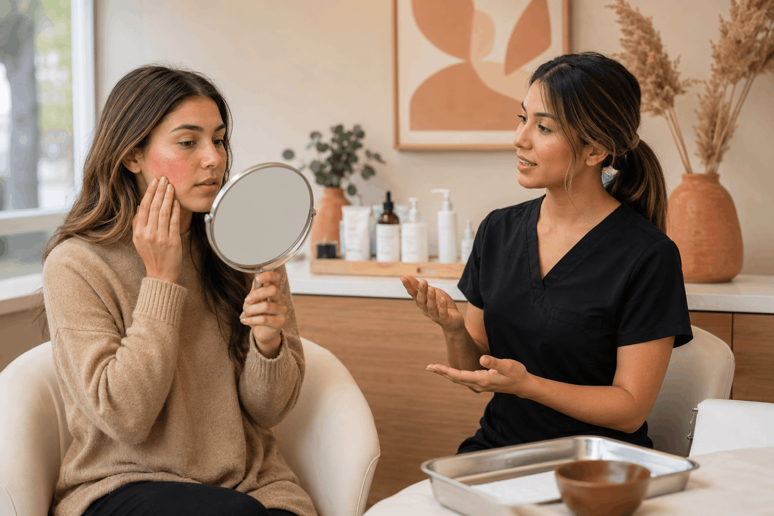 patient examining facial skin concerns in a mirror while discussing treatment recommendations.