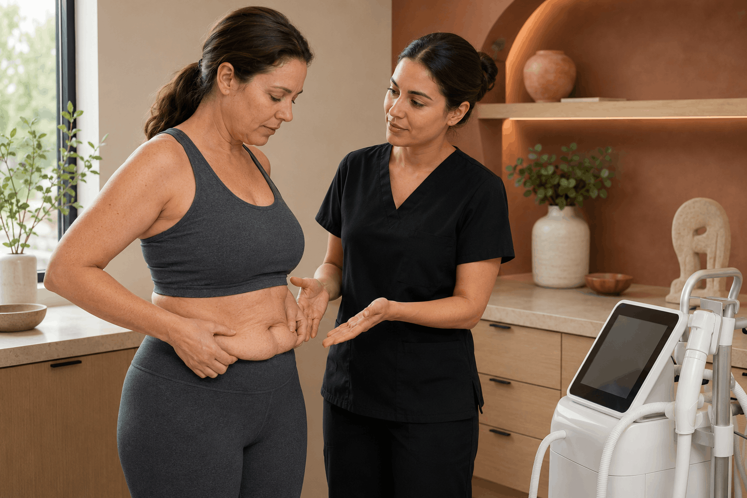 provider evaluating loose abdominal skin following weight loss during a body contouring consultation.