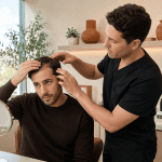 Provider examining scalp and hair density while a patient checks thinning hair in a mirror.