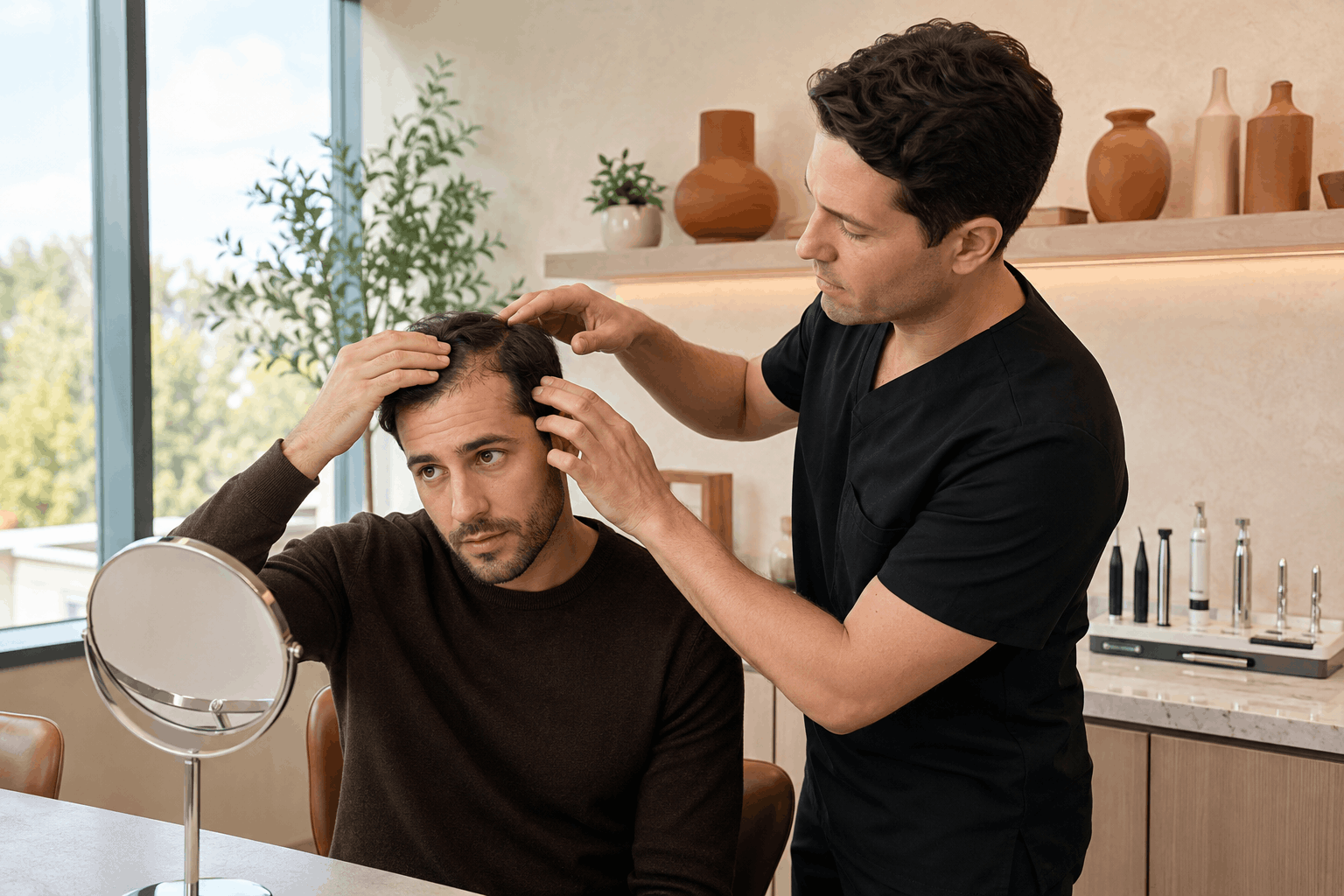 provider examining scalp and hair density while a patient checks thinning hair in a mirror.