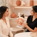 Provider using an anatomical model to explain facial structure and jawline enhancement treatments.