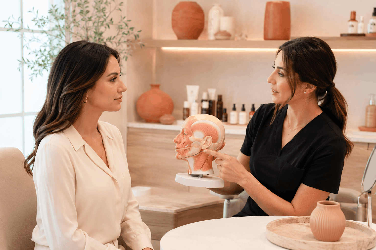 provider using an anatomical model to explain facial structure and jawline enhancement treatments.