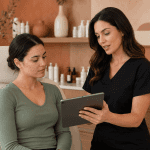 Provider reviewing acne treatment recommendations with a patient using a tablet.