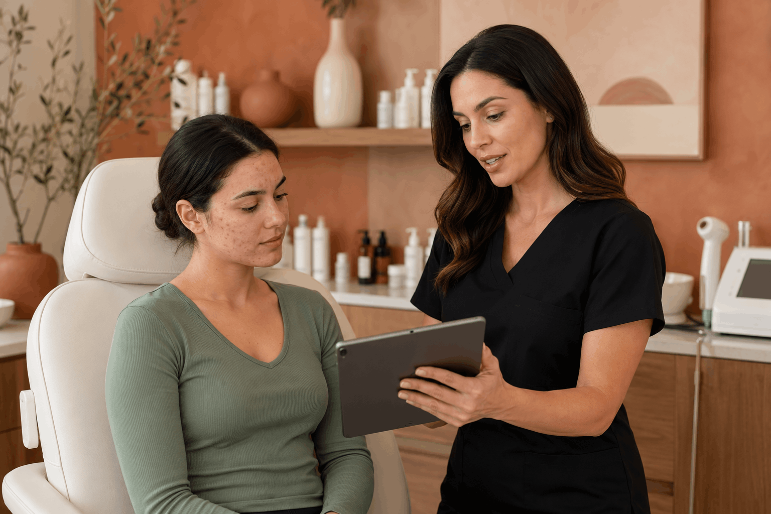 2026_07_genesis-medspa.com_img_acne_treatment_consultation_v1 genesis medspa - provider reviewing acne treatment recommendations with a patient using a tablet.