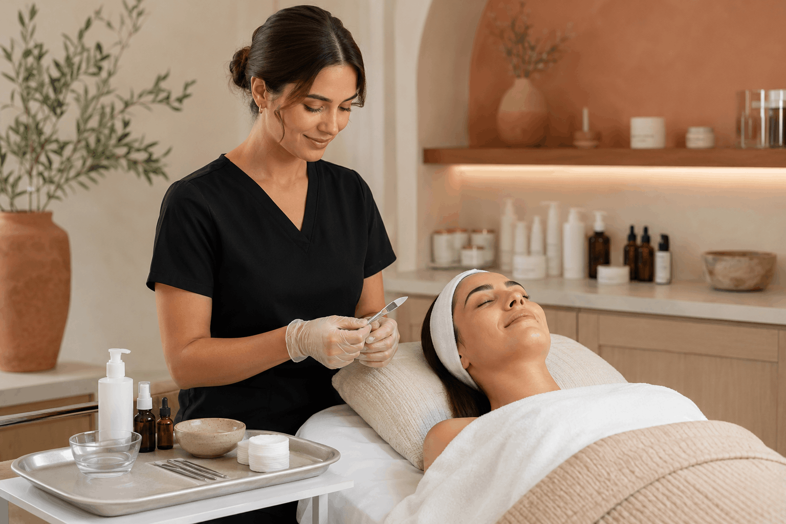 2026_07_genesis-medspa.com_img_dermaplane_treatment_preparation_v1 genesis medspa - medical aesthetician preparing for a dermaplane facial treatment in a med spa treatment room.